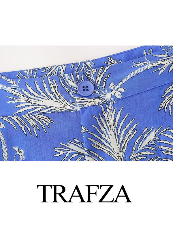 TRAFZA 여성용 세련된 포켓 버튼 장식, 캐주얼 지퍼 와이드 레그 팬츠, 여성 패션, 빈티지 프린트, 하이 웨이스트, 루즈 팬츠
