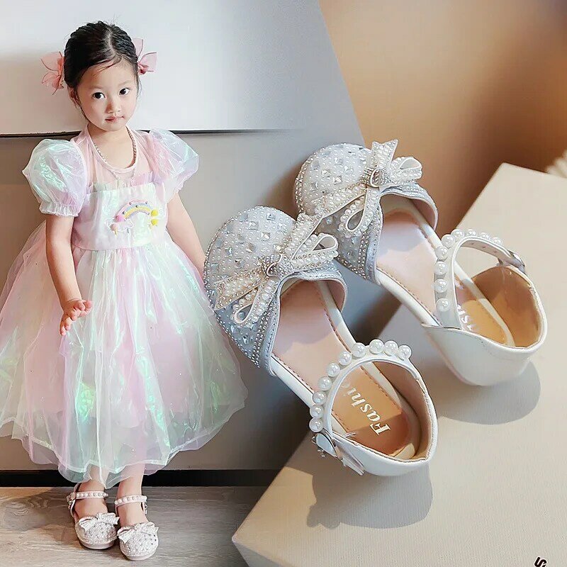 Beige Pink kaca sandal untuk anak perempuan sepatu kristal anak-anak sepatu putri untuk pesta pernikahan anak-anak musim semi musim panas sepatu kulit 2-10