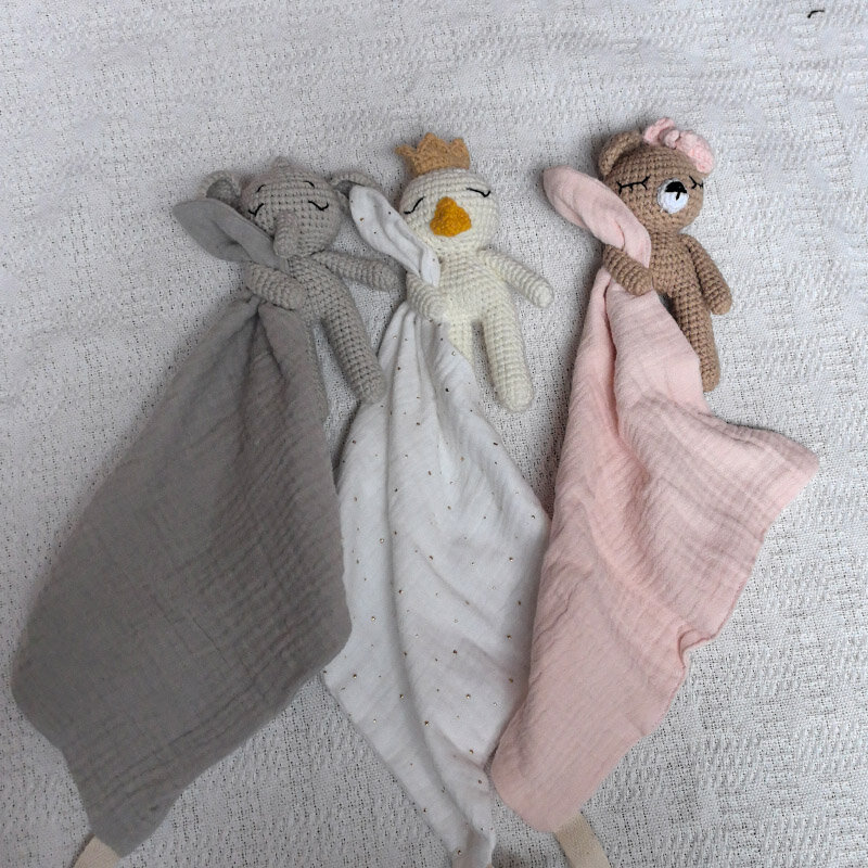 Cobertor artesanal de musselina de algodão para bebês, boneca fofa do gato, toalha de apaziguamento do sono infantil, lenço de saliva do urso coelho, cobertor confortável