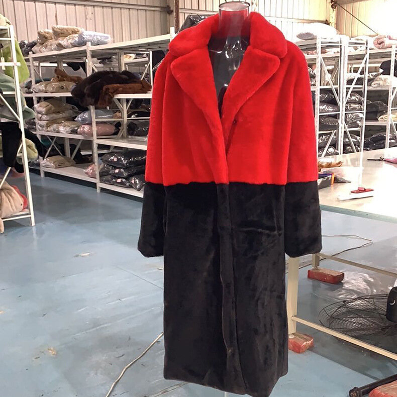 여성용 인조 모피 코트 스플라이스 재킷, 턴다운 칼라, 느슨한 오픈 스티치, 우아한 전체 소매 중간 길이 코트, 두꺼운 아우터