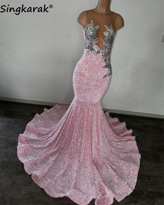Gaun Prom panjang merah muda Glitter 2024 untuk Gadis hitam manik-manik kristal berlian imitasi gaun payet untuk gaun pesta ulang tahun gadis hitam