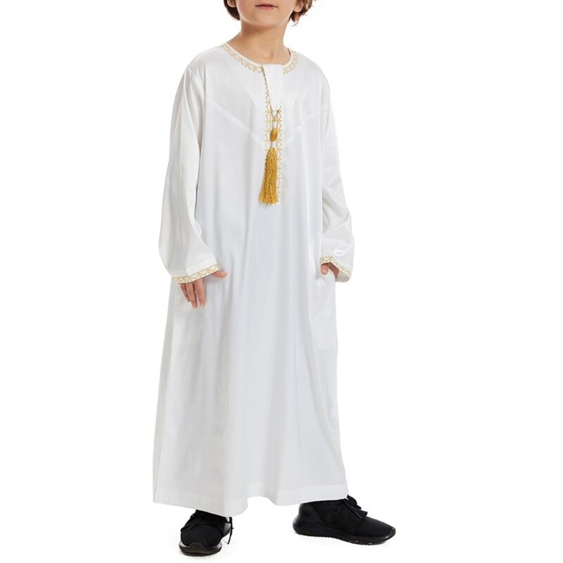 634C Modne sukienki muzułmanów długim rękawem Miękkie szaty Abaya Islamska odzież chłopięca Thobe