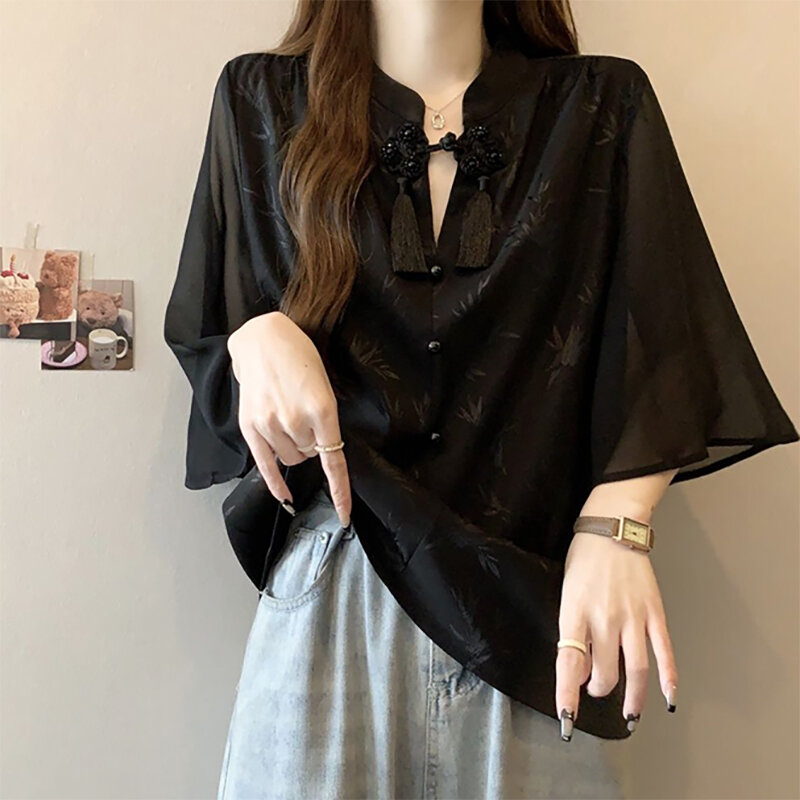 Fashion V-Neck Printed Button Tassel Flare Sleeve T-Shirts Female Clothing 2024 Summer New Loose Sweet Tops Casual Tee Shirt