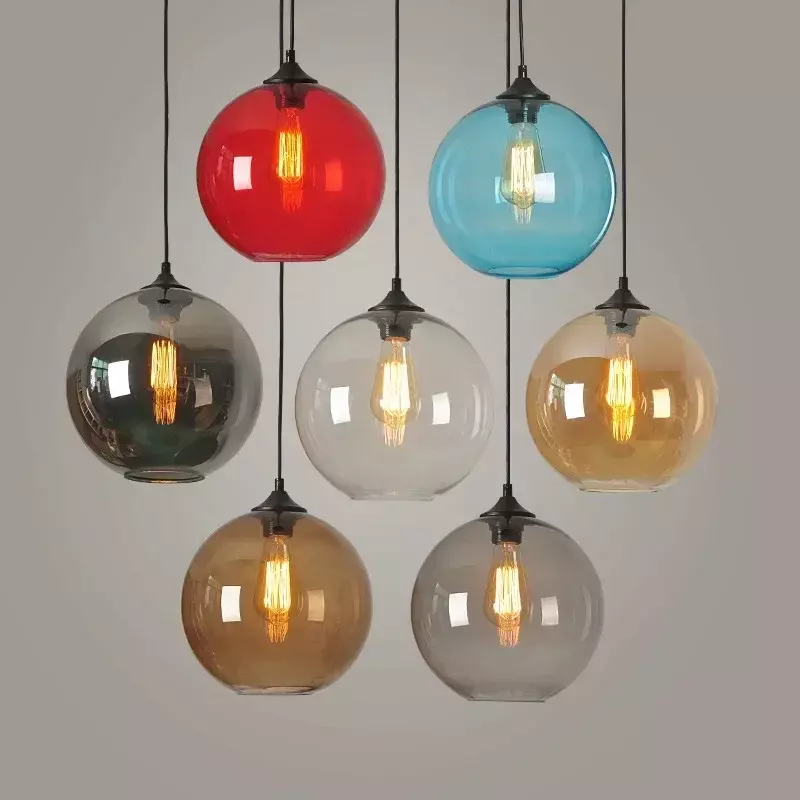 Modern Glass Pendant Lamp Round Ball Chandelier Simplicity 20/25cm Vintage Colorful Lights Dining  Living Room Decorative Lights