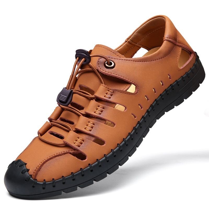 Sapatos de couro ocos casuais para homens, Sola macia, Sandálias de condução antiderrapantes, Sandálias macias de couro, Sapatos ocos respiráveis, Novo negócio