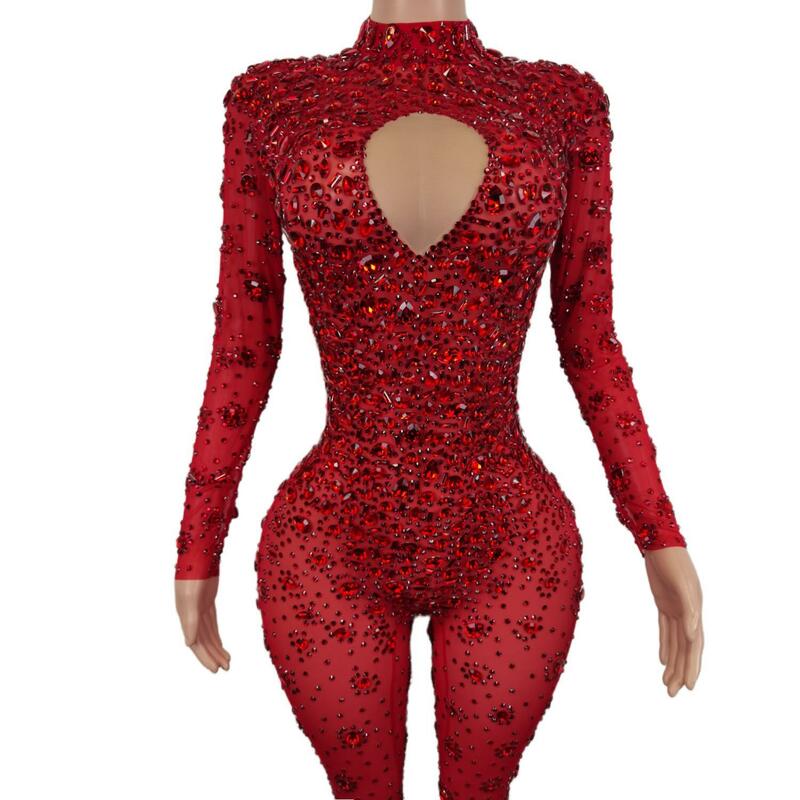Sexy High-end Gorgeous Perspective Rhinestone Jumpsuit Long-sleeved Tights Nightclub Singer DJ Stage Performance Clothes Cuican
