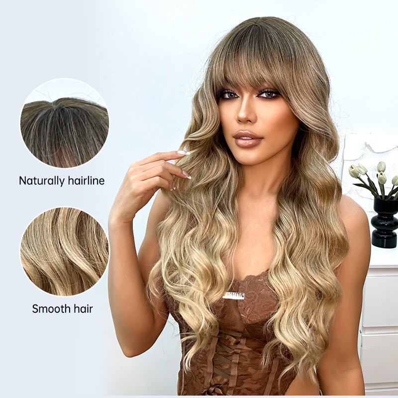 ALAN EATON Ombre Brown Long Wavy Wigs Synthetic Wig with Bangs Mixed Brown Hair High Temperature Fiber for Women Daily Party Use