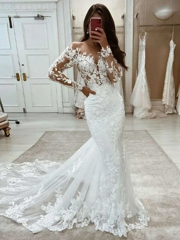 Suknie ślubne syrenka koronka długie rękawy suknia Vintage biała kość słoniowa na zamówienie luksusowe suknia ślubna 2024