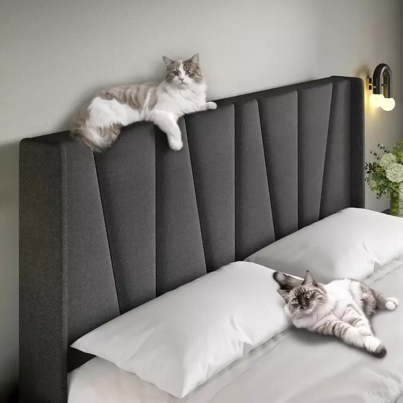 Cadre de lit à plateforme avec tête de lit à oreilles géométriques, pas besoin de sommier, lit rembourré moderne avec support de planche