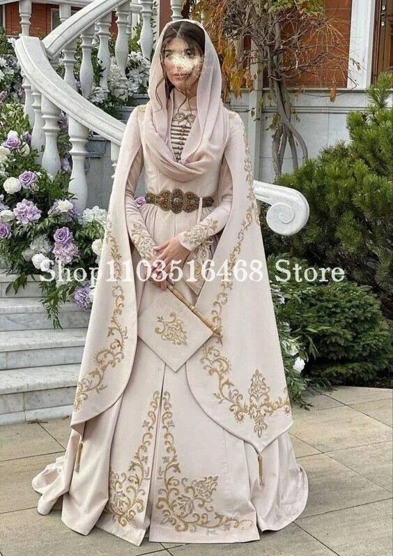 Long Sleeve Split Wedding Dress Lotus Pink Luxury Embroidered High Neck Muslim Caucasian Ethnic Wedding Dresses formal occasion