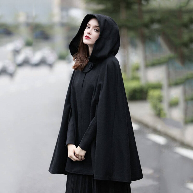 Capuchon Vrouwen Gothic Zwart Oversized Effen Kleur Poncho 'S Indie Stijl Losse Mode Bovenkleding Winterkleding Y 2K Jas Goth