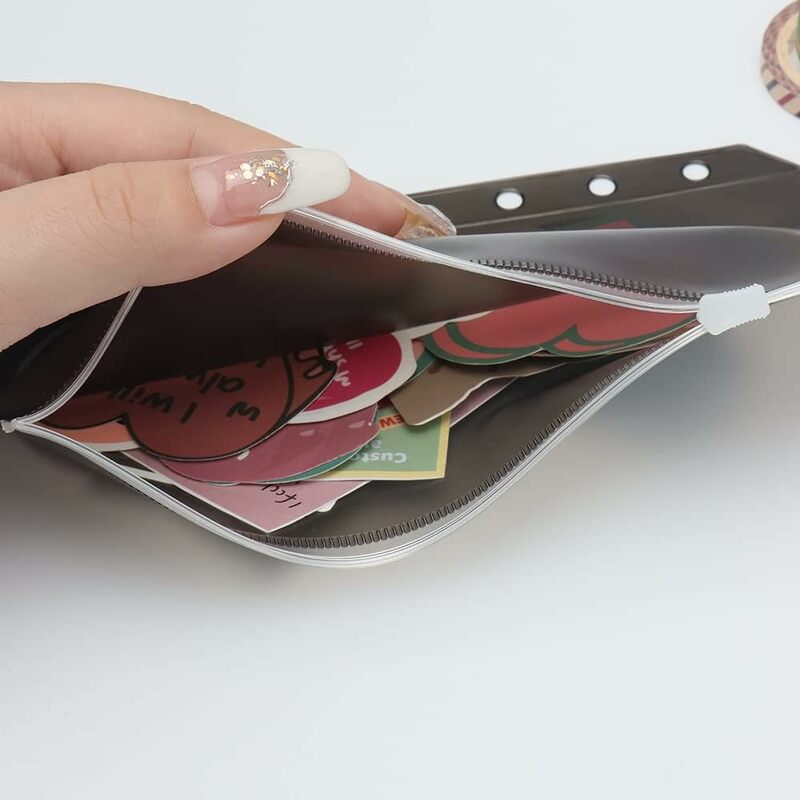 12Pcs A6 Binder Pockets Black Zipper Pouches, Translucent PVC Cash Budget Envelopes, Document Filing Bags for A6 Notebook Binder
