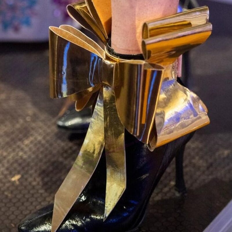 Złoty łuk dekoracje z motywem węzłów botki lakierowana skóra spiczaste buty z palcami dla kobiet buty na cienkich wysokich obcasach seksowne buty 2023 Zapatos Para Mujere