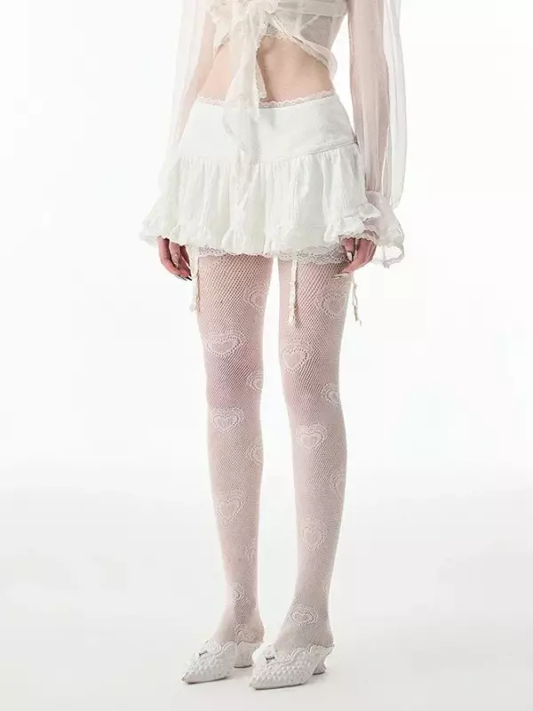 HOUZHOU Coquette Mini spódniczka damska 2024 Kawaii koronkowy Patchwork z siatką seksowna biała wysoka talia Lolita falbankowa spódnica Fairycore