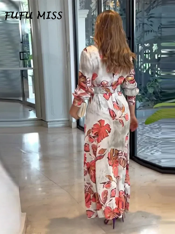 Gaun kerah V rendah motif mode gaun wanita dengan sabuk lengan panjang longgar ayunan besar gaun wanita 2024 jubah liburan musim semi musim panas