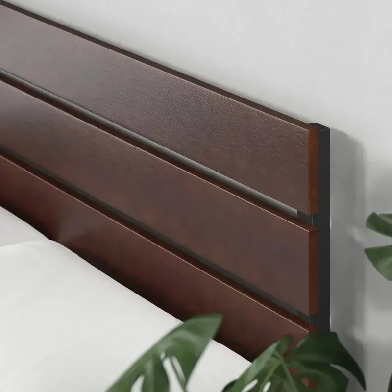 Queen size Bed Frame, 39" Bamboo and Metal Platform Beds Frames, Slatted Headboard, Queen Bed Frame