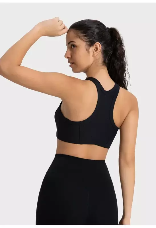 Lemon Logo Ribbed High-Neck Racerback Yoga Bra Buttery-soft Sweat-wicking Light Support Sports Bras With Removable Cups Tank Top