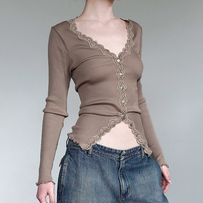 Sexy V-neck Women's Fashion Lace Patchwork Single Breasted Buttons Pure Color Autumn Slim Long Sleeve Top Ladies Knit Cardigan