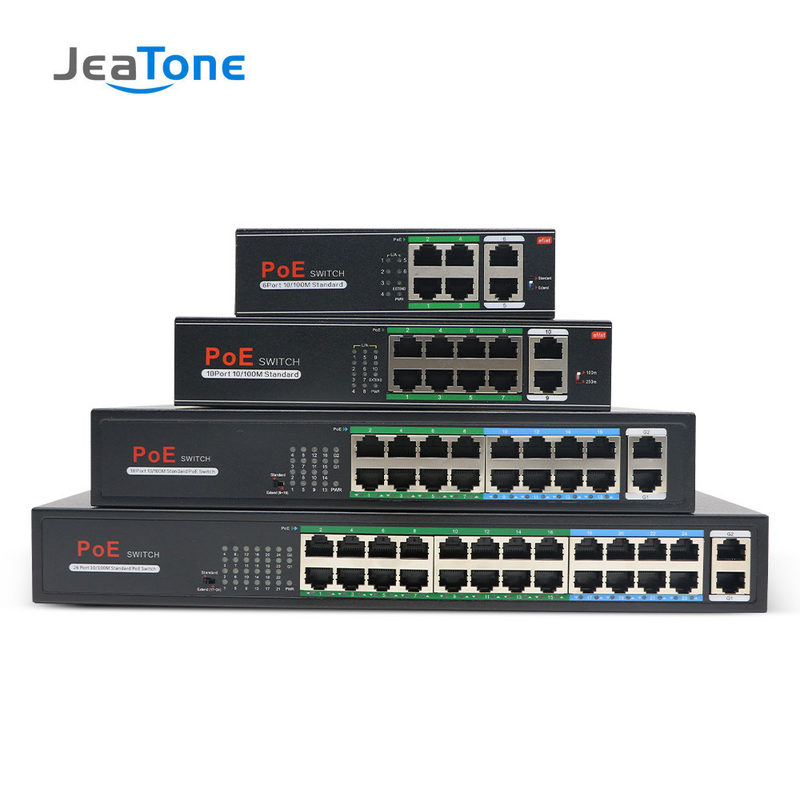 Jeatone-conmutador de red POE de 48V, 4/8/16/24 puertos, Ethernet IEEE 802.3af/at, adecuado para cámara IP/AP inalámbrica/cámara CCTV, 250m