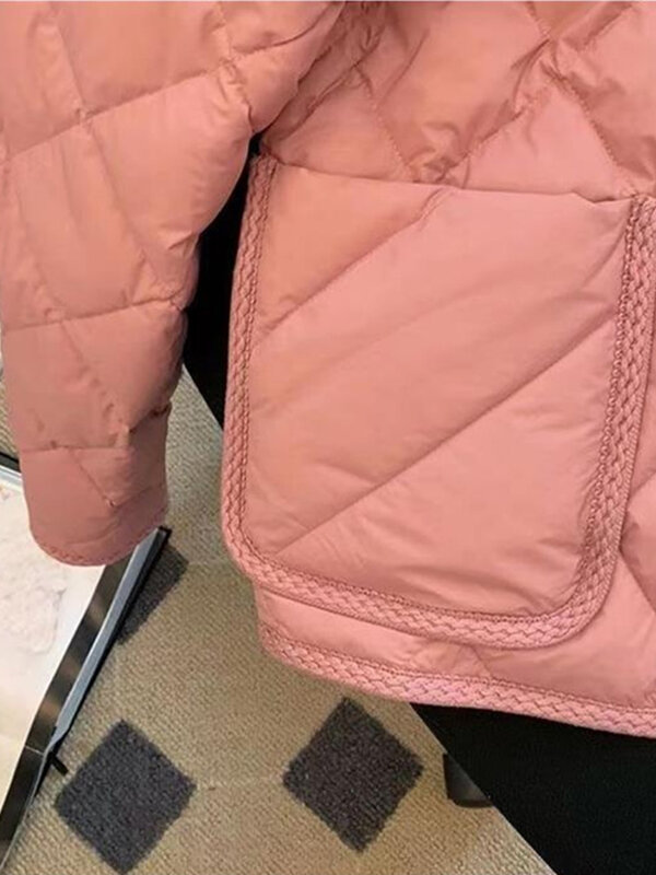 New 2023 Autumn Winter Jacket Women  Korean Long Sleeve Pink RoundNeck Down Cotton Short Lightweight Warm Outwear Female