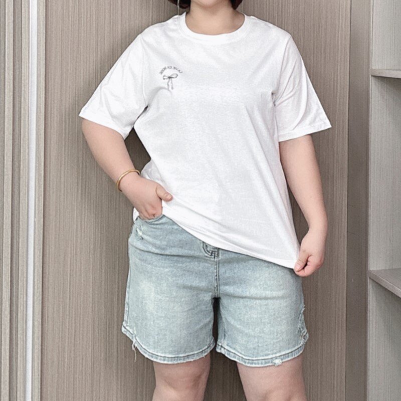 Camiseta casual de algodão de manga curta feminina, camiseta tamanho grande, estampa correspondente, tops soltos, verão, novo, 2024