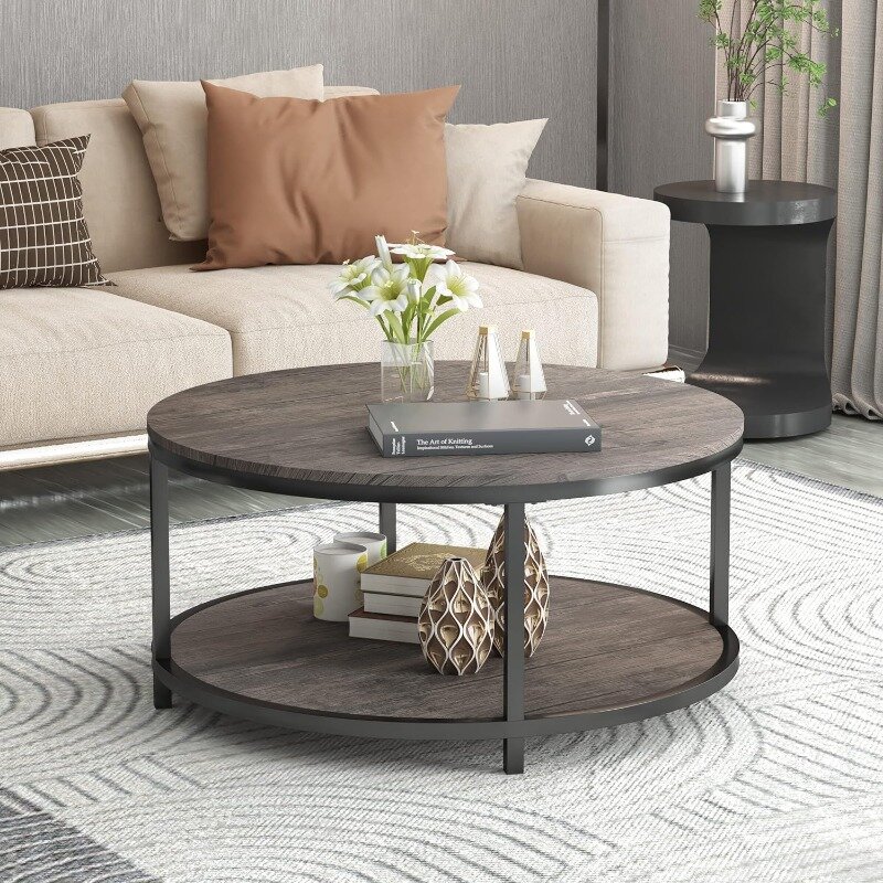 Nsdirect runder Couch tisch, 36 "Couch tisch für Wohnzimmer, 2-stufiger rustikaler Holz-Desktop mit Lager regal modernes Design nach Hause