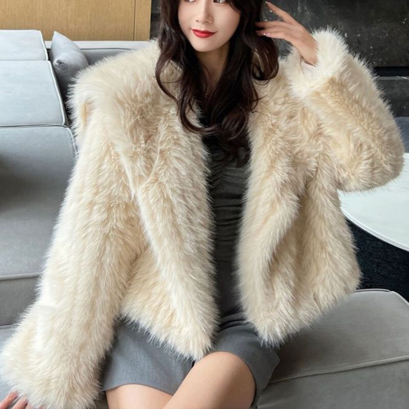 Fox-Like Fur Jacket Women Navy Car Collar Mao Mao Tops 2023 Autumn Winter New Warm Woven Fur-Like Jackets Female Short Overcoat