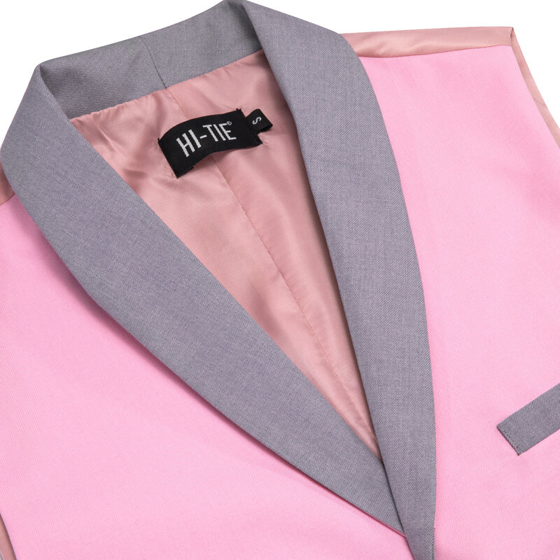 Hi-Tie Pink Grey Solid Shawl Jacquard Collar Suit Vest Slim Fit Waistcoat for Wedding Groomsmen V-Neck Tuxedo Sleeveless Jacket