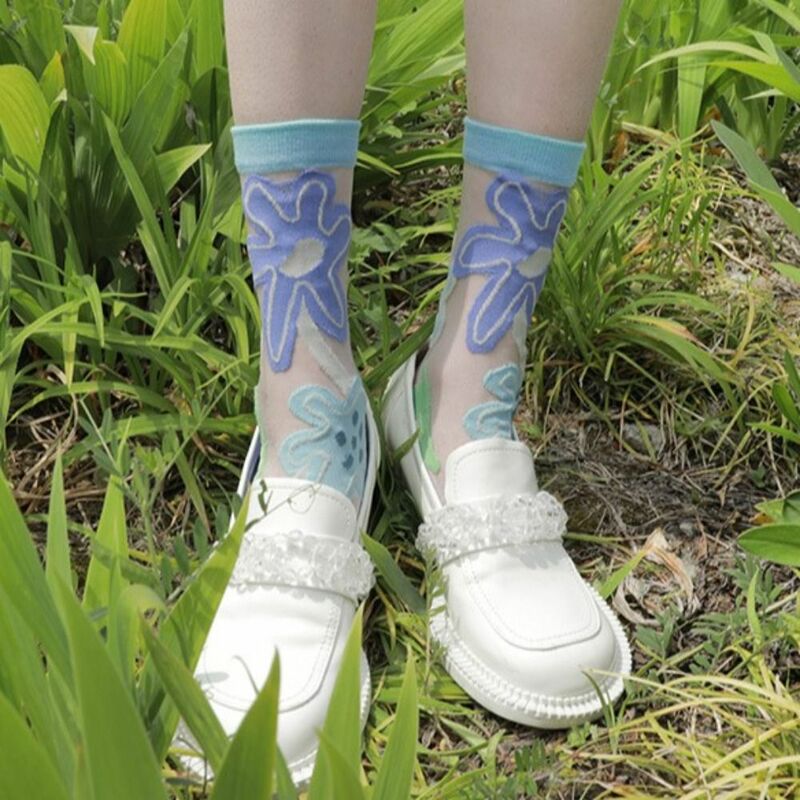 Women Thin Soft Socks Summer Korean Style Hosiery Y2K Harajuku Flower Calf Socks Wearproof Refreshing Transparent Socks