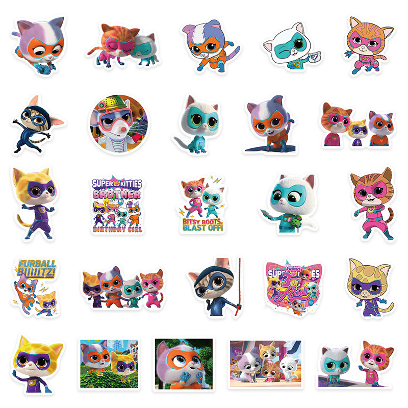 Autocollants de dessin animé Super Kitties pour enfants, autocollants Kawaii, jouet mignon, téléphone, bouteille d'eau, papeterie amusante, décalcomanies Anime Graffiti, 10 pièces, 30 pièces, 50 pièces