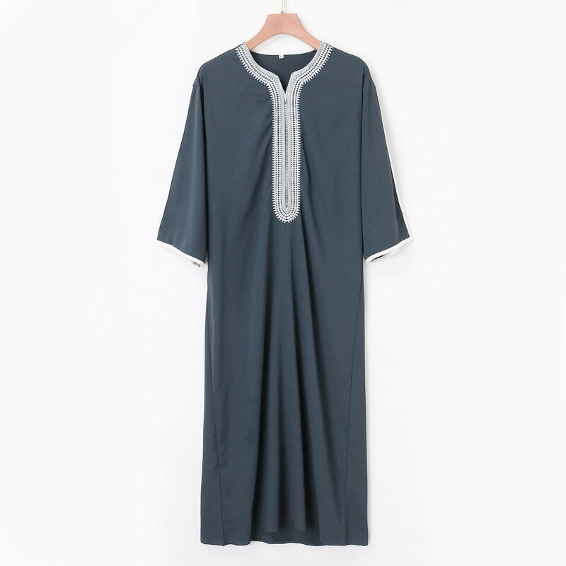 Mens Summer Muslim Robe Casual Fashion Embroidered Loose and Breathable Navy Blue Muslim Robe Islam Arab Dubai Middle East Robe