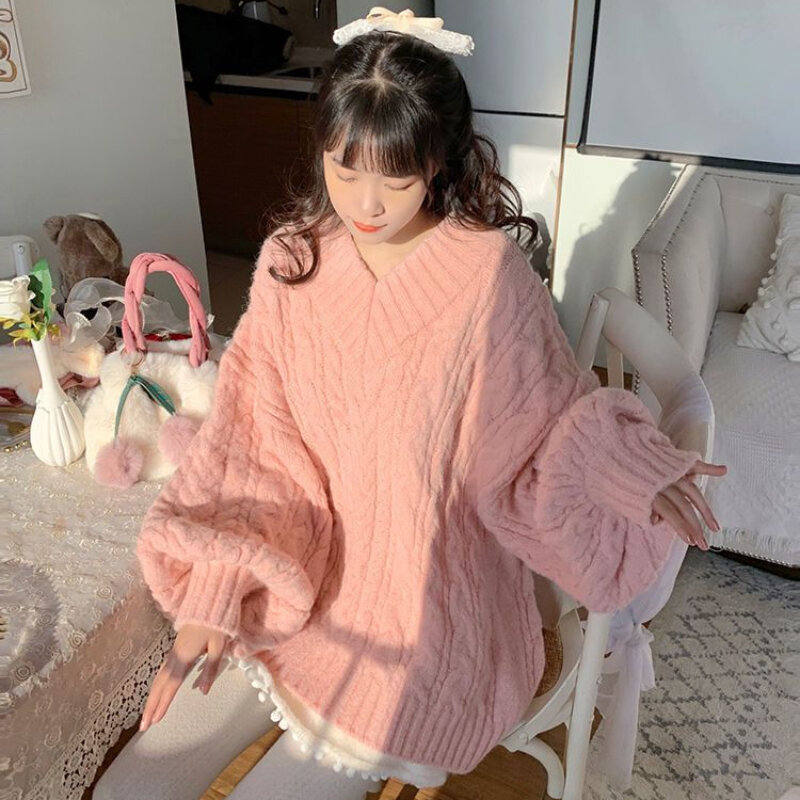 Pullover Frauen V-Ausschnitt gemütlich süß Winter Laterne Ärmel Prinzessin Freizeit weichen koreanischen Stil reinen Chic entworfen Harajuku beliebt