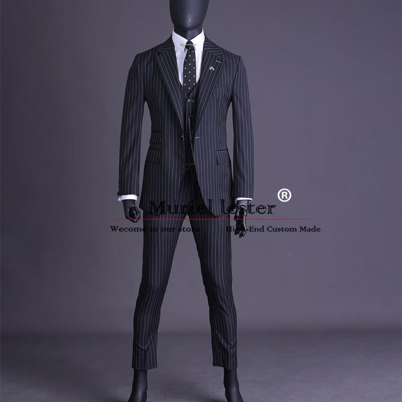 Klasyczne garnitury ślubne w szare paski dla mężczyzn Slim Fit Jednorzędowa marynarka Kamizelka Spodnie 3-częściowe zestawy marynarek biznesowych Bankiet Prom