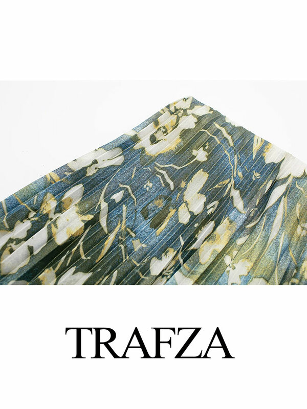 TRAFZA 2024 Female Casual Elegant Skirts For Women A-Line Vintage Metallic Floral Print High Waist Fashion Midi Pleated Skirts