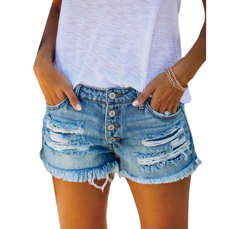 50JB Summer Womens Denims Shorts High Waist Female Button Shorts Jeans Y2K Clothes
