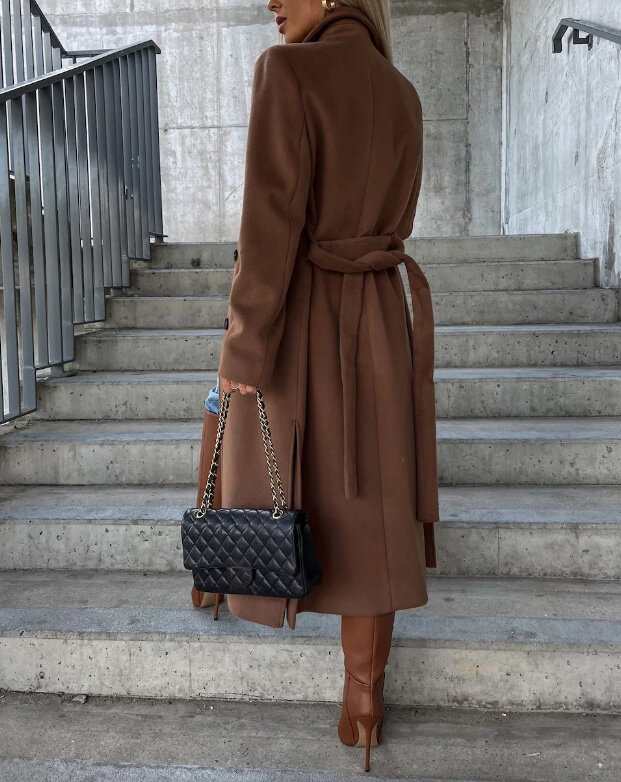 Женское длинное шерстяное пальто, повседневное простое шерстяное пальто с длинными рукавами, отложным воротником и пуговицами, с разрезом, Осень-зима 2023