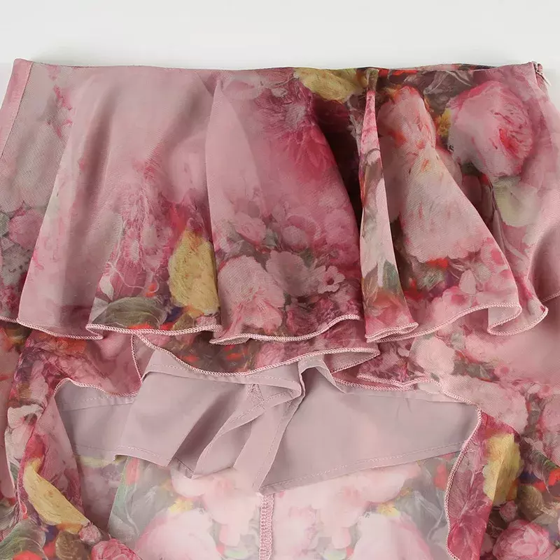 Flowers Print Layered Ruffles Summer Holiday Long Skirts with Safety Shorts Women Fashion Hi-Lo Irregular Streetwear Maxi Skirt