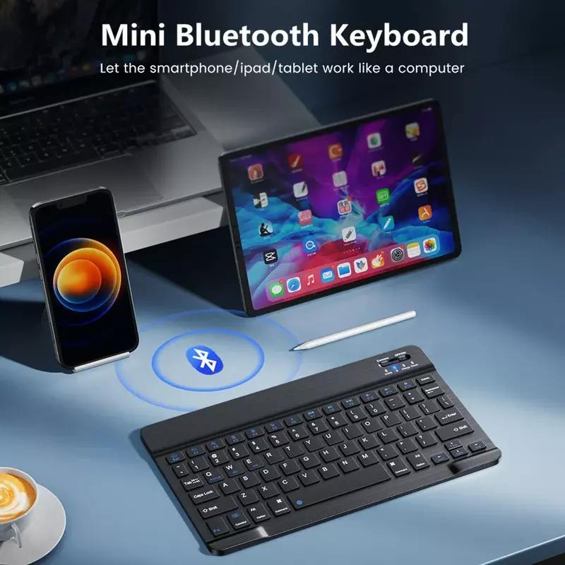 Miniteclado inalámbrico con Bluetooth, recargable para teléfonos móviles, tabletas, teclado ruso y español para Android, ios y Windows
