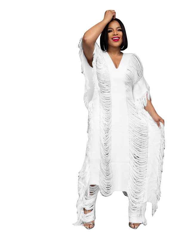 Dashiki-Conjunto de ropa africana para mujer, Top de 2 piezas con cuello en V y borlas, pantalones largos a juego, primavera y otoño, 2023