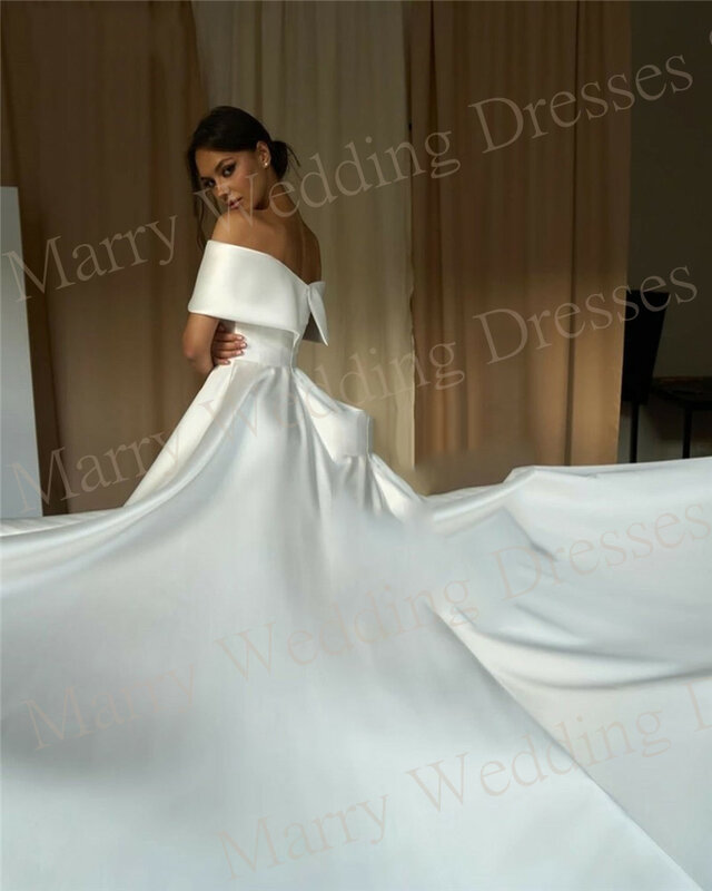 Elegante simples vestidos de cetim para mulheres, uma linha, fora do ombro, ruched, vestidos de noiva sem encosto, pescoço barco
