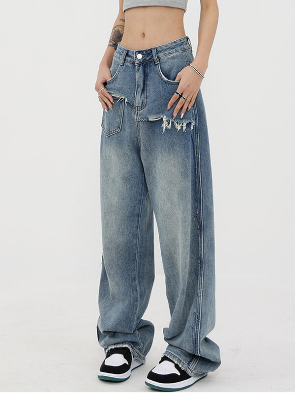 Джинсы женские винтажные с имитацией двух предметов, дизайнерские рваные брюки из денима с завышенной талией и широкими штанинами, Свободные повседневные синие штаны, уличная одежда для девушек