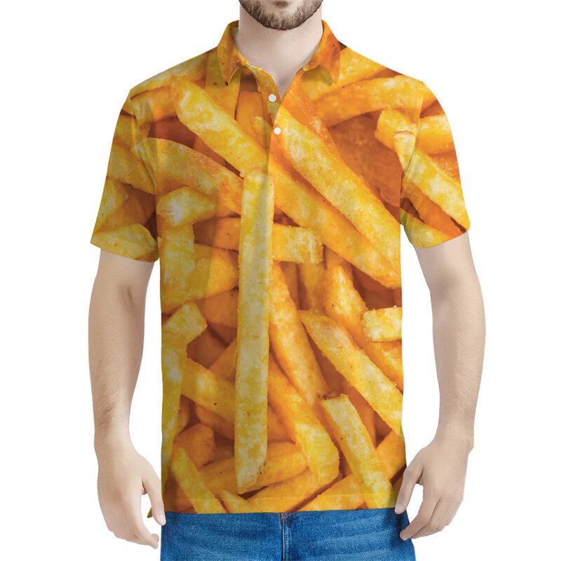 Camisa polo masculina com padrão French Fries, camiseta infantil estampada em 3D, streetwear casual, camiseta dos desenhos animados, botão de lapela, mangas curtas