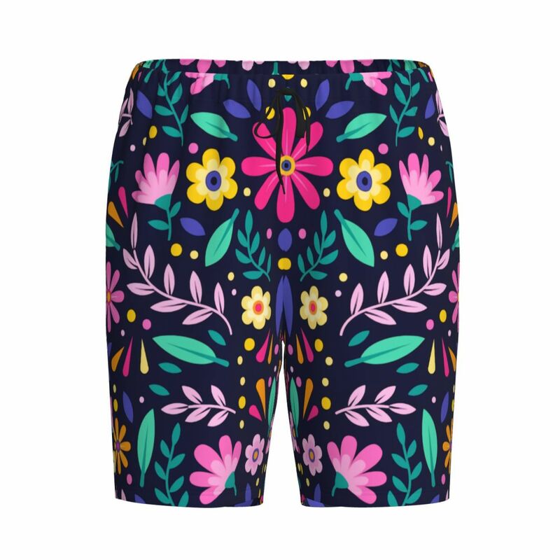 Arte masculina padrão pijama shorts, calças de pijama dormem pijamas curtos com bolsos, estampado personalizado, flores mexicanas, Otomi