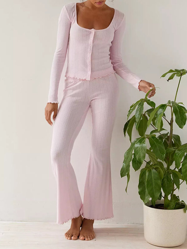 Pajamas Lounge Set for Women Eyelet Buttons U-Neck Long Sleeve Cardigan Tops and Flare Pants 2 Piece Loungewear Outfits