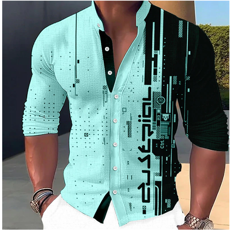 قميص رجالي موديل 2023 برسومات هندسية وياقة ثابتة لون أبيض ملابس خارجية للشارع بأكمام طويلة ملابس عصرية