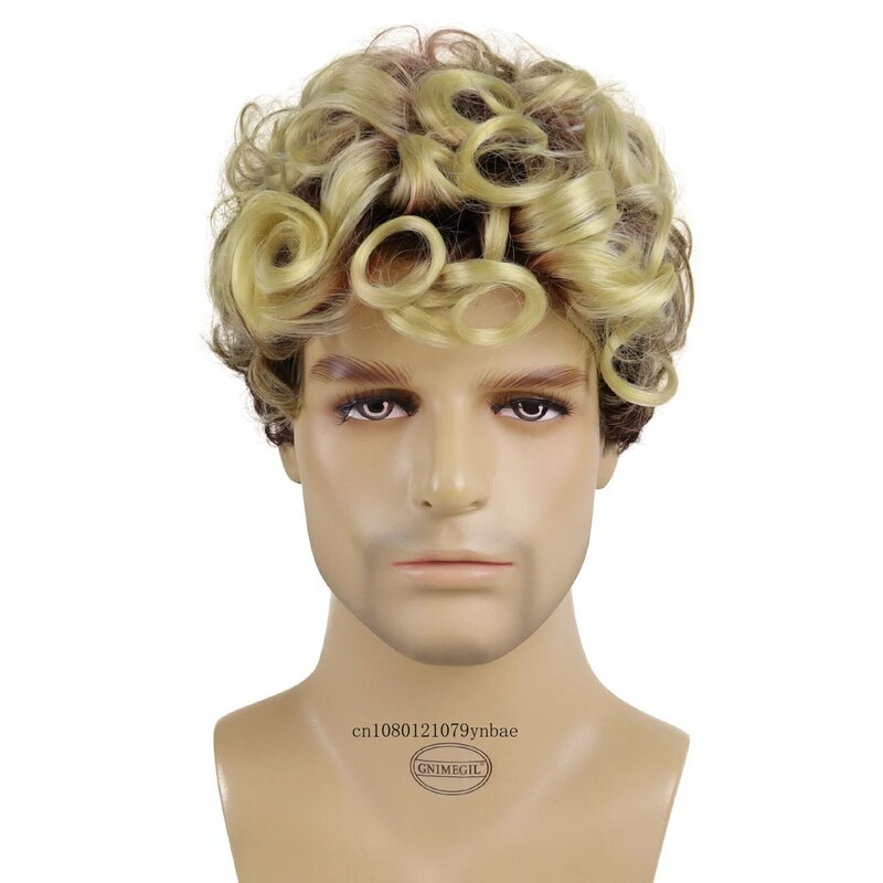 Парик мужской блонд из высокотемпературного волокна для косплея, вьющиеся афро-волосы, короткие синтетические волосы, смешанные коричневые, для костюма, для Хэллоуина