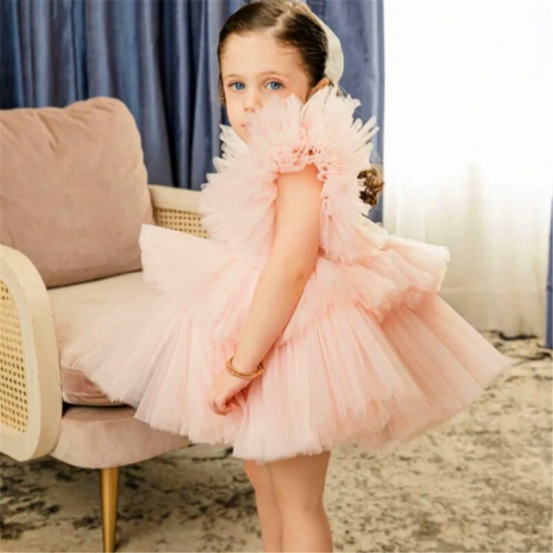 Flower Girl Dress Lovely Pink Angel Tulle Lace Layered Princess Ball First Communion Dresses Kids Surprise Birthday Present