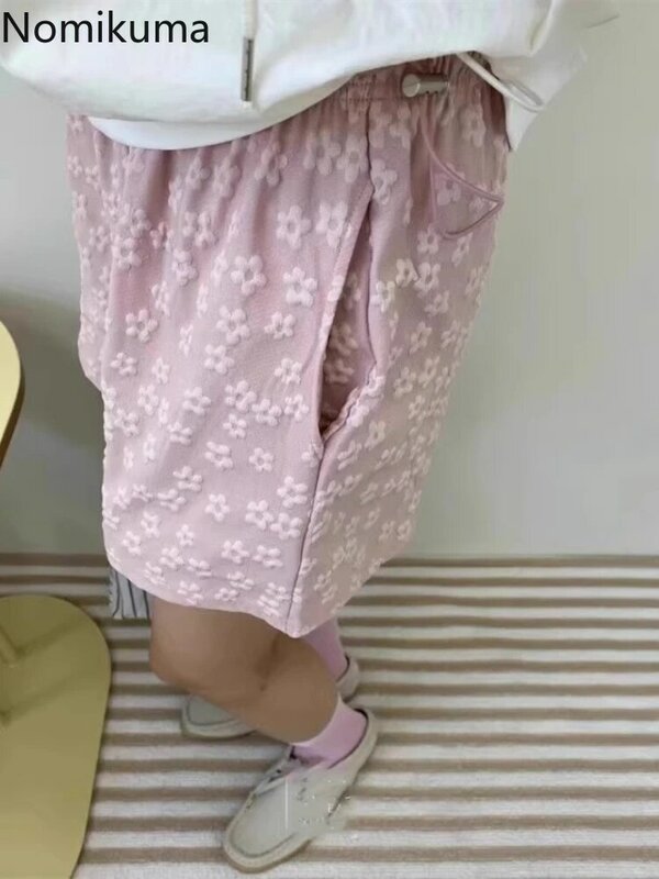 Shorts vintage floral de cintura alta feminino, calça chique com cordão, calça casual de verão, calças novas, coreano, 2024