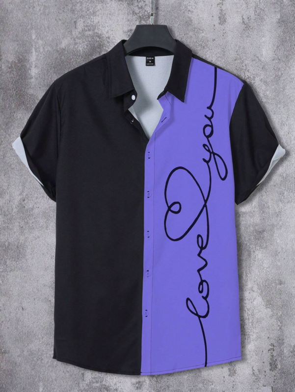 남성용 3D 프린트 컬러 블록 셔츠, 캐주얼 반팔 셔츠, 데일리 웨어, 패션 탑, 루즈 남성 의류, 심플 디자인, 2024 여름