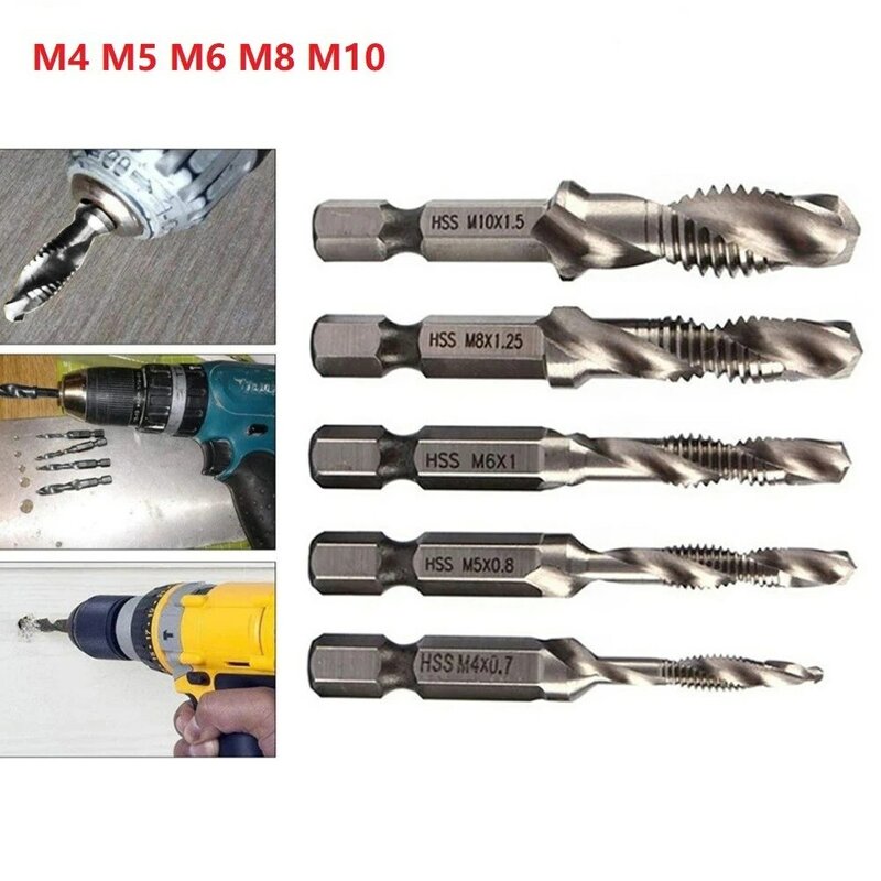 Metric Tap Tap Drill Bit M4-M10 Machine Screw Silver Spiral Threaded Bit Compound Tap Hex Shank For Electric Drill